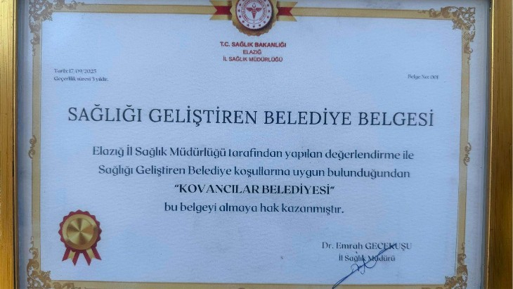 SAĞLIĞI GELİŞTİREN BELEDİYE ÜNVANI BELEDİYEMİZE VERİLDİ